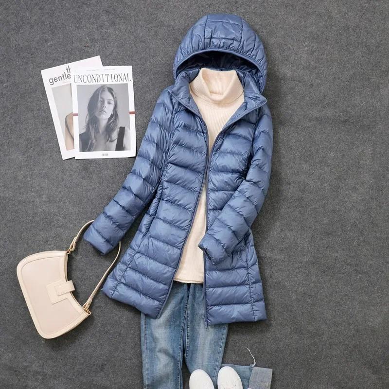Veste de printemps ultralégère et fine pour femme, longue, pliable, chapeau détachable, jupe cintrée