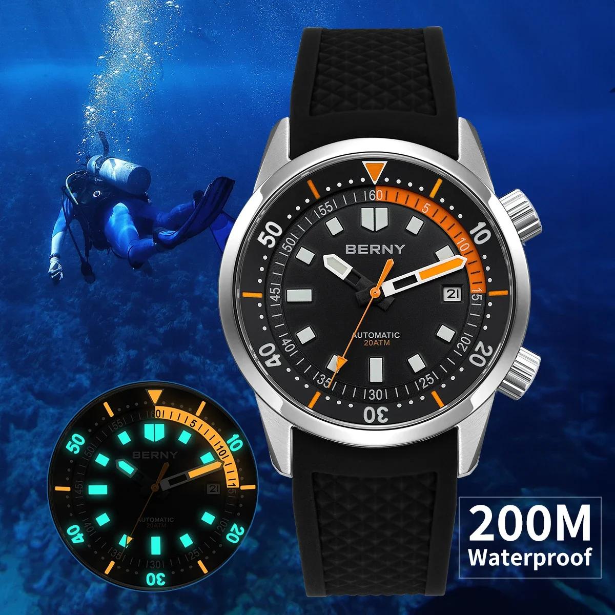 BERNY montres de plongée pour hommes 200M étanche Super lumineux automatique mécanique montre de plo