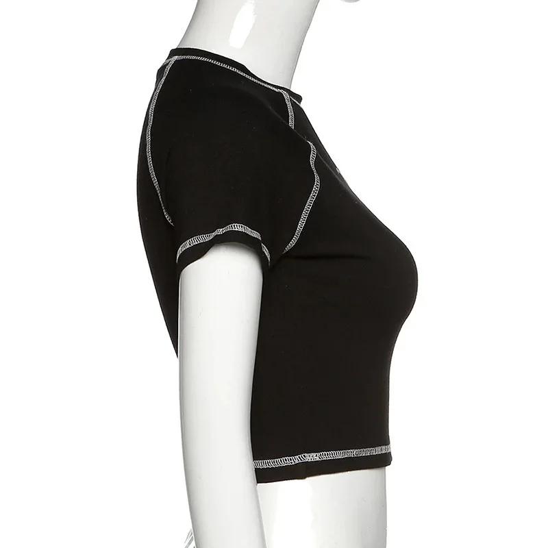 Vêtements graphiques vintage amusants pour filles, haut court noir, imprimé tête de mort mince, Swee