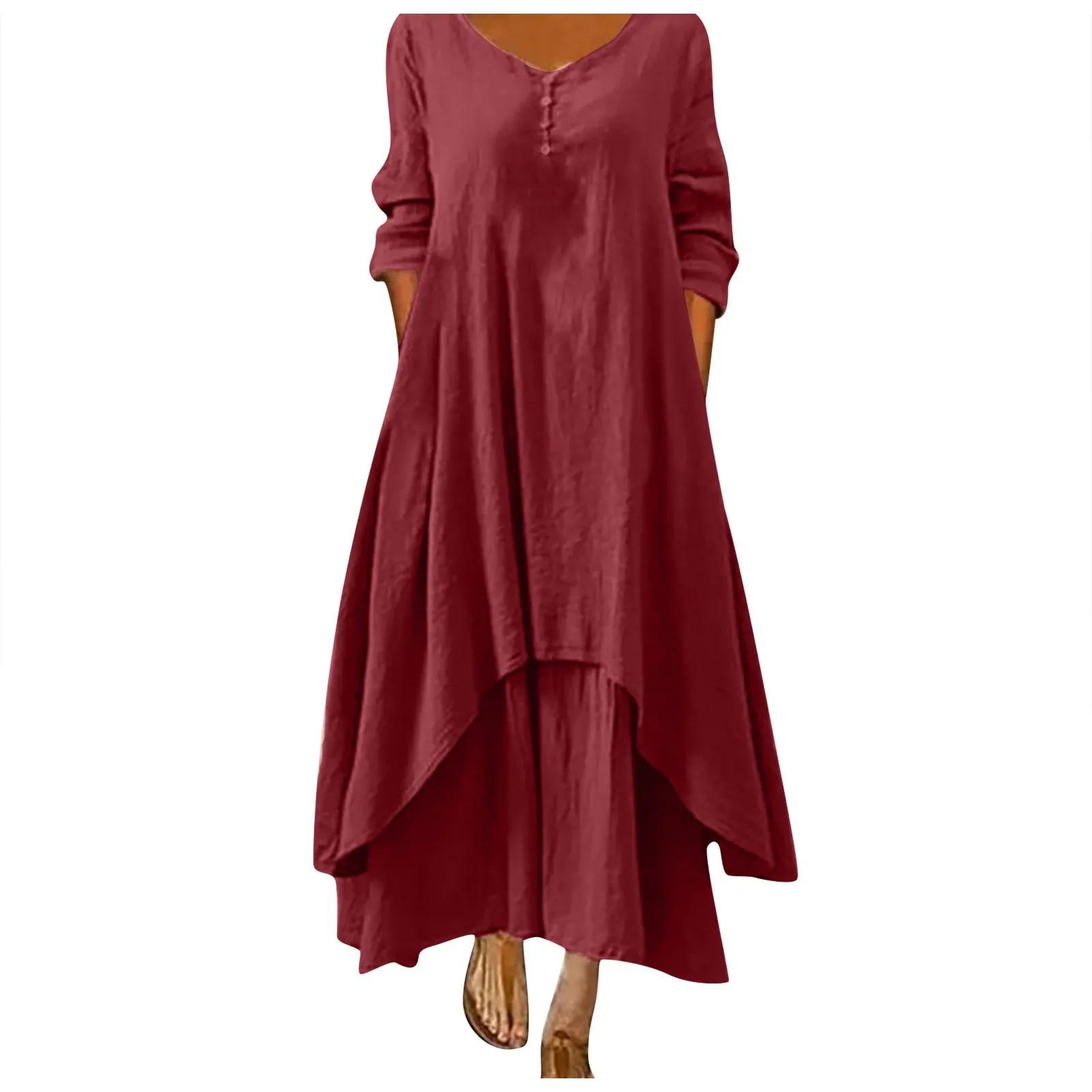 Robe longue en coton pour femmes, décontractée, à la mode, avec boutons, couleur unie, pour document