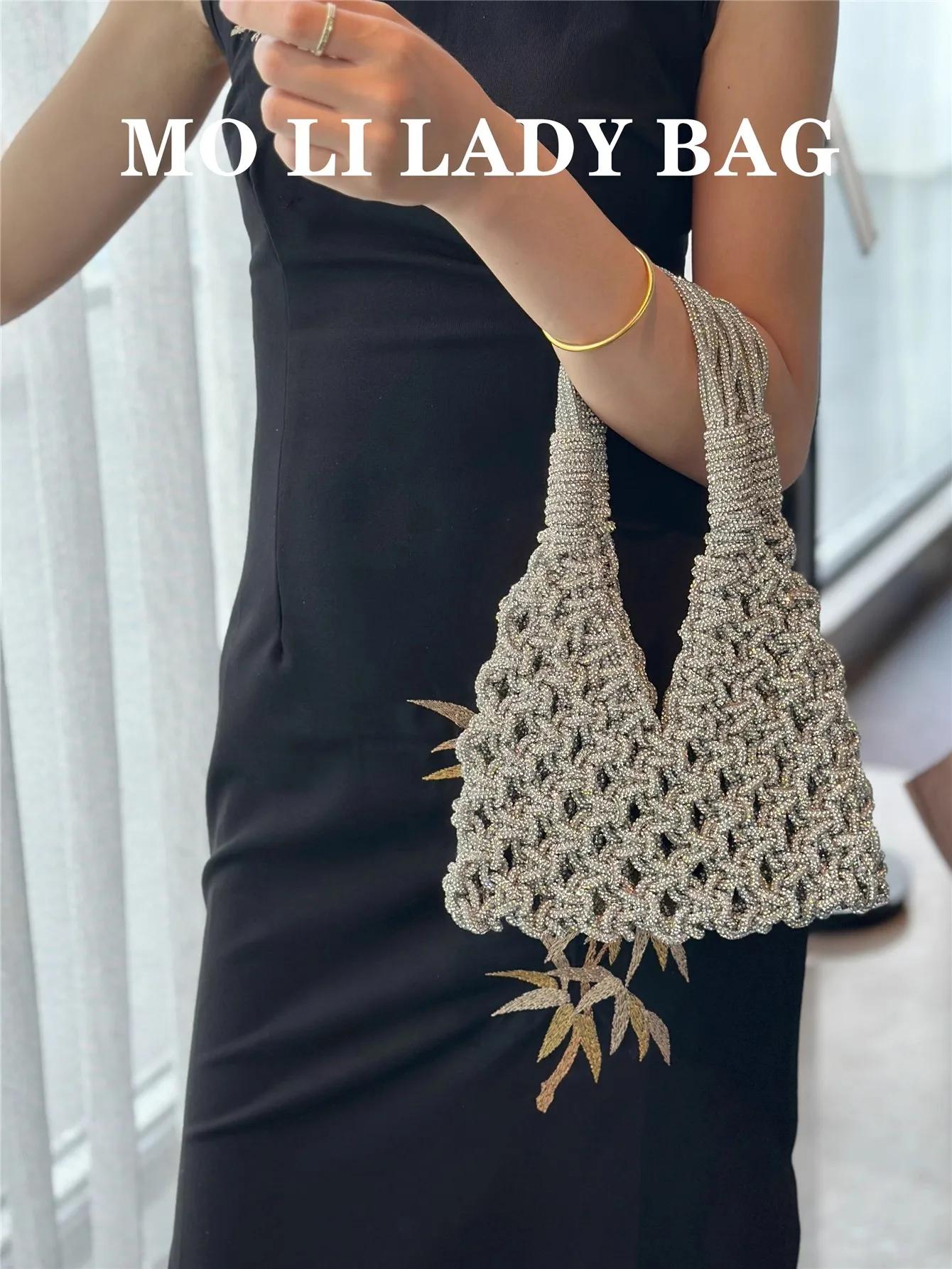 Sac seau de luxe tissé à la main avec corde à paillettes pour femmes, sac à main en diamant, pochett