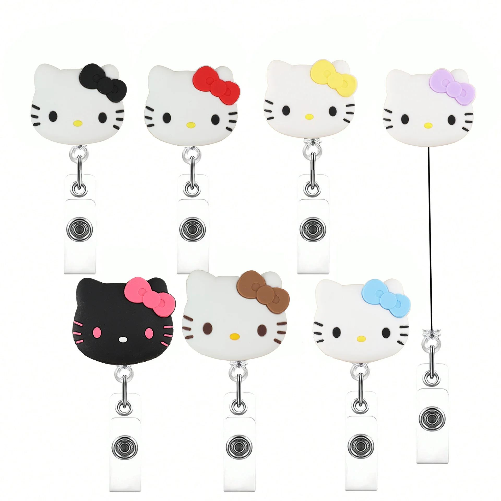 Porte-badge rétractable Sanrio Cat Kawaii en acrylique scintillant 360° ° Spinner avec porte-clés