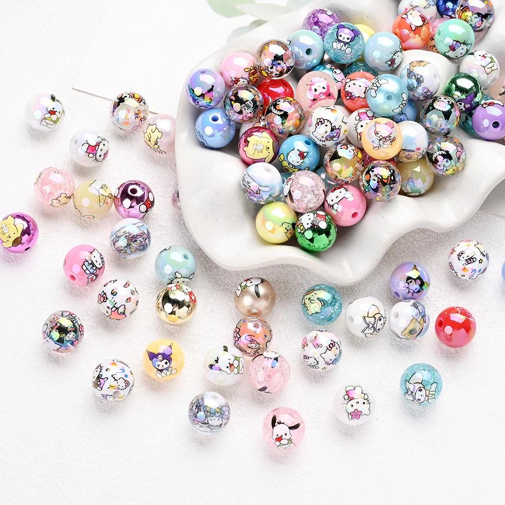 Perles acryliques mélangées aléatoires, 30 pièces, perles rondes imprimées Sanrio, amples pour brico