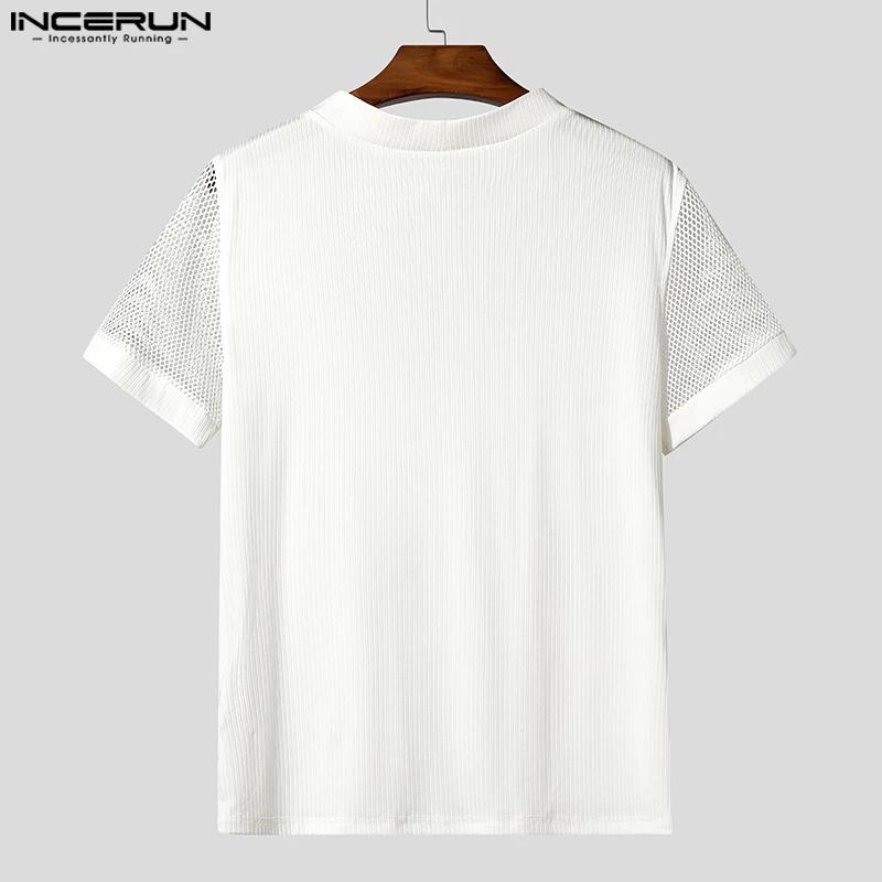 INCERUN hommes t-shirt maille Patchwork col en V à manches courtes hommes t-shirt hauts été Streetwe