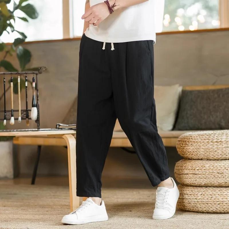 Nouveaux hommes lin léger pantalons de survêtement coton couleur unie respirant Joggers hommes Baggy