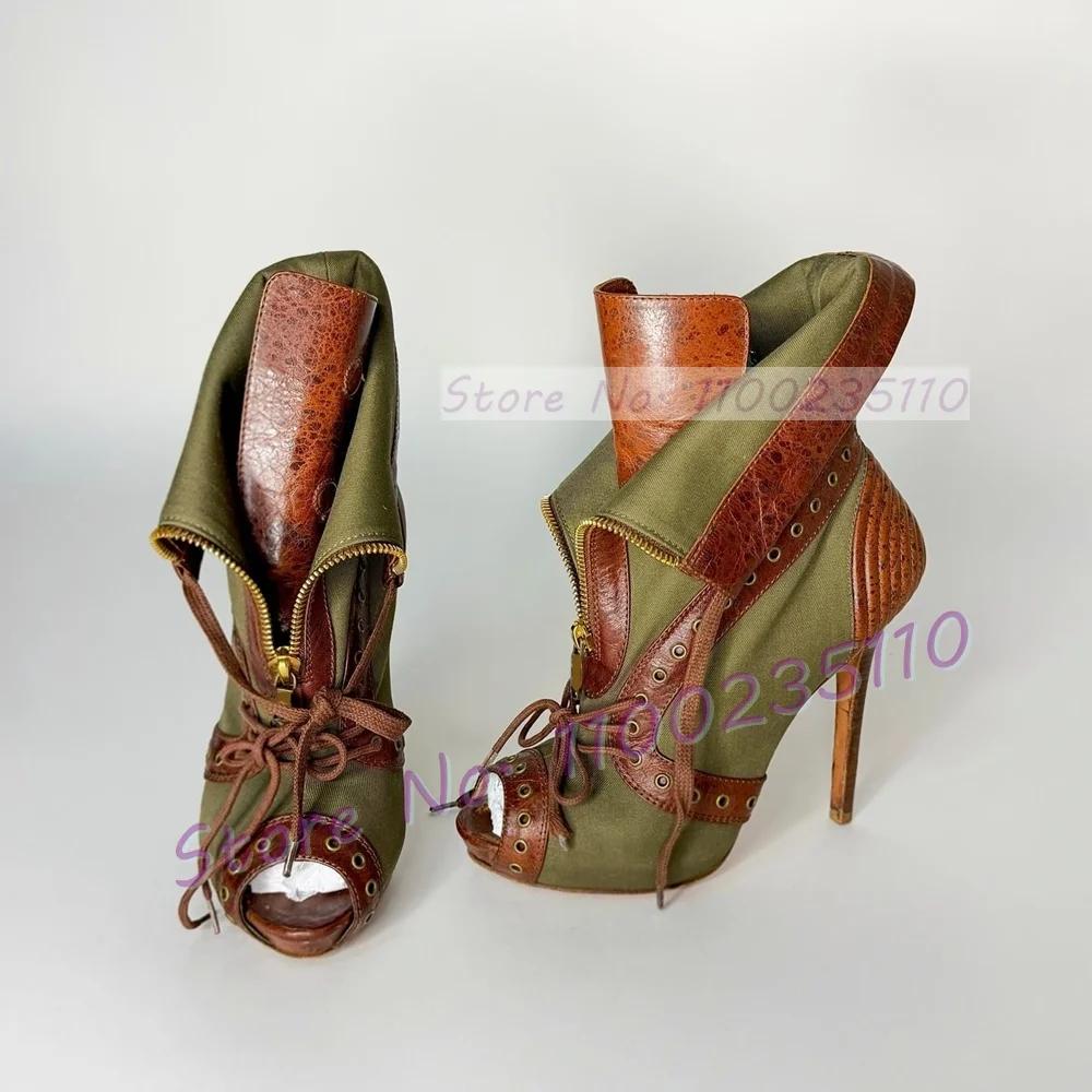 Sandales vert armée en jean patchwork pour femme, sexy, à bout ouvert, avec fermeture éclair décorat