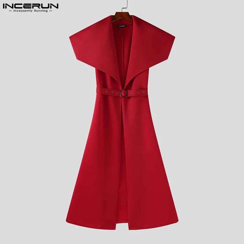 INCERUN hommes Style Long Trench revers sans manches couleur unie décontracté mâle Cardigan avec cei