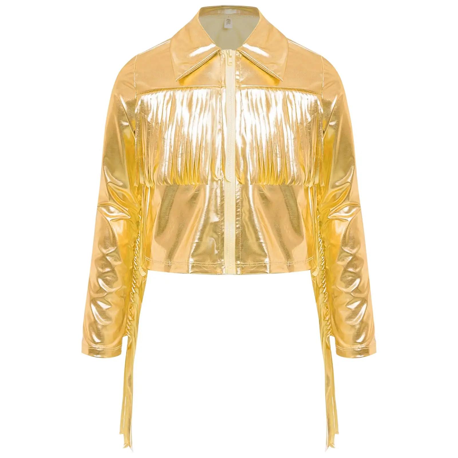 Vestes à pompons pour filles, Streetwear, Costume de danse Jazz métallique, col rabattu, manteaux à