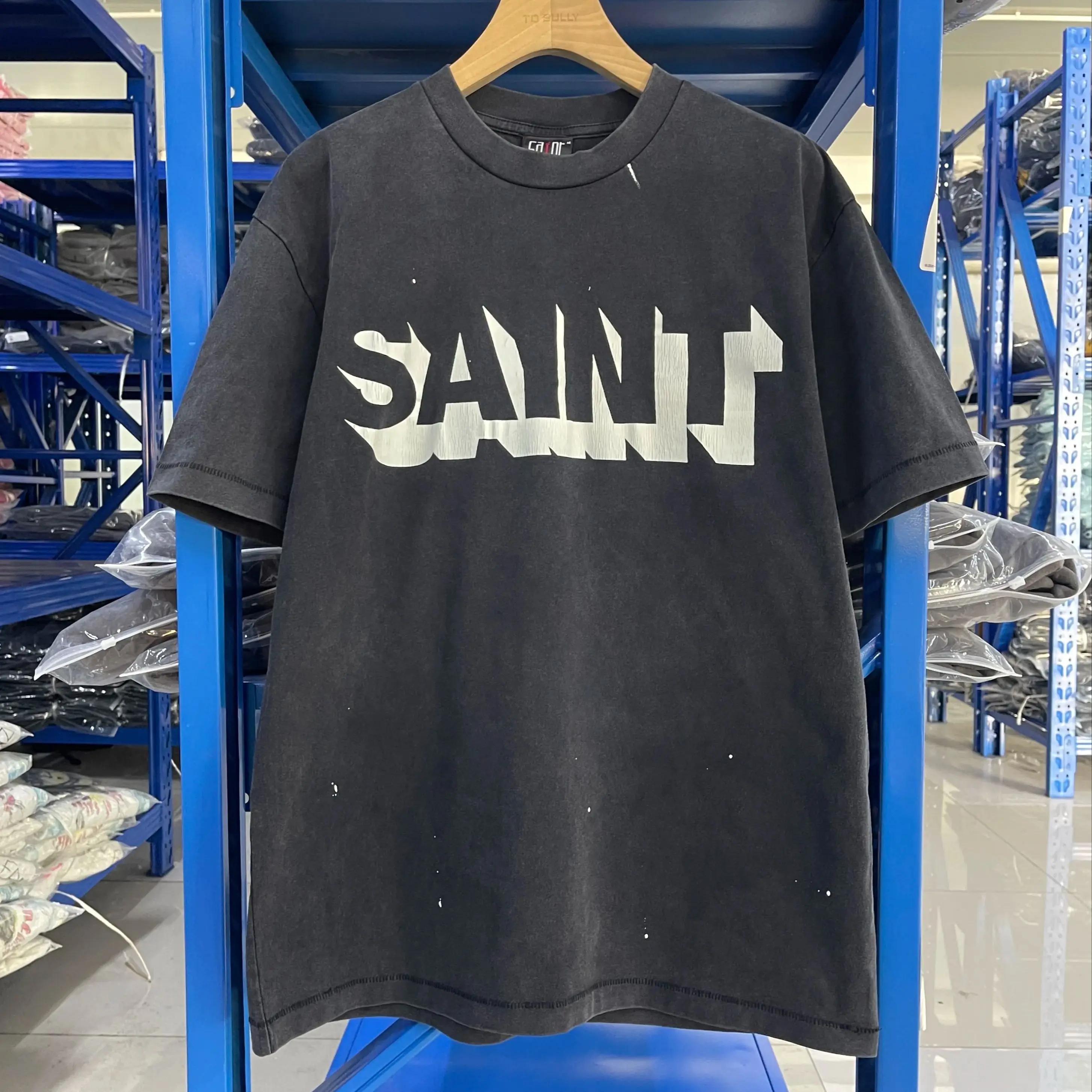 T-shirt décontracté ample en coton lavé pour homme, motif imprimé lettres de haute qualité, style st