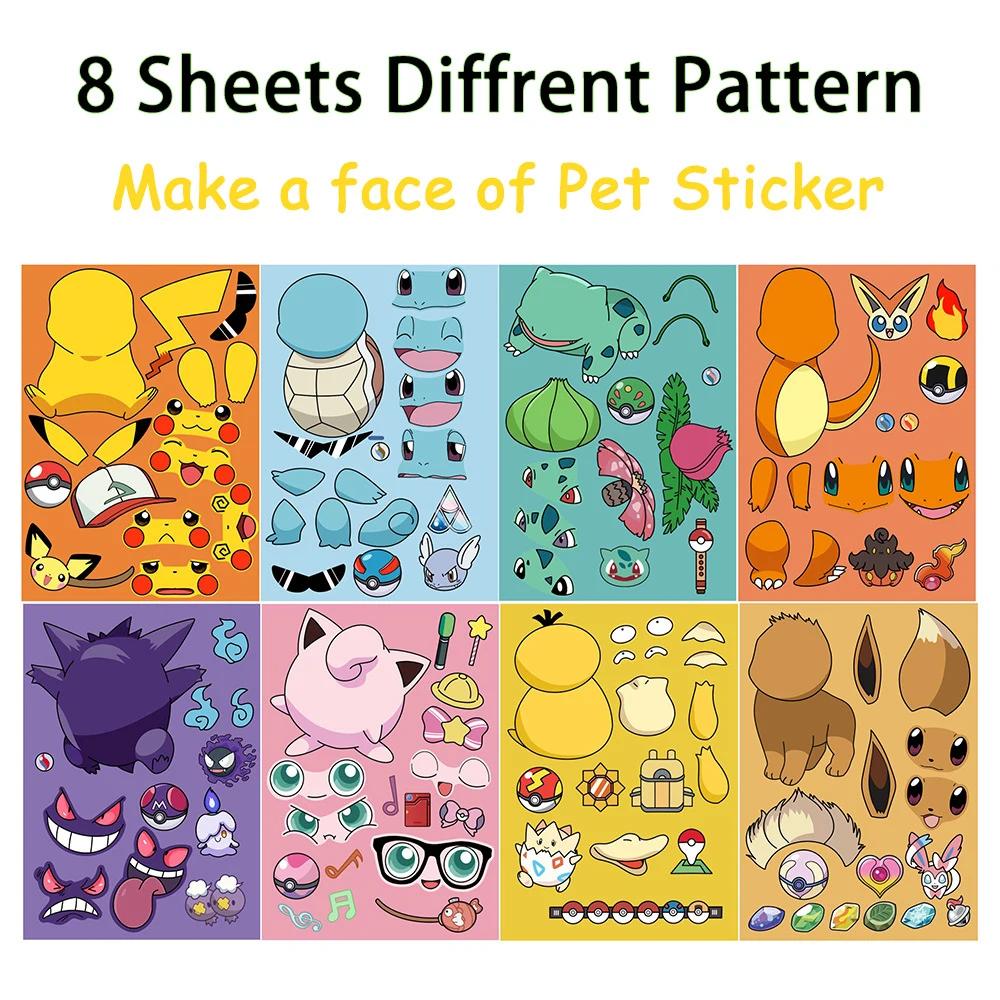 8/16 feuilles Pokemon Anime Pikachu Gengar Puzzle autocollants faire un visage enfants dessin animé