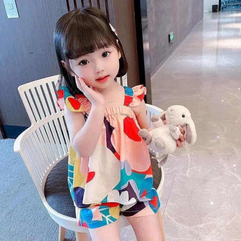 Ensemble de vêtements d'été pour bébés filles, haut à bretelles, couleur assortie, gilet à fleurs +