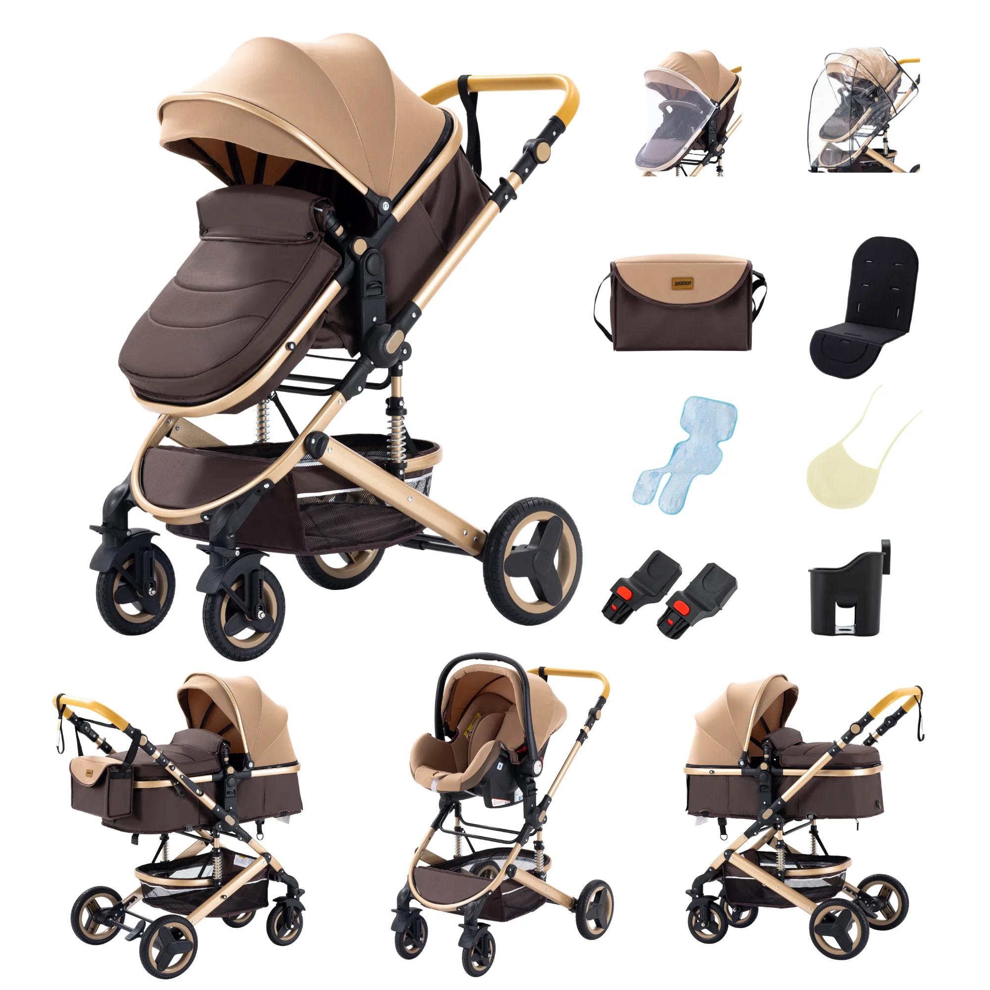Poussette bébé 3 en 1 tout-terrain - Pneus entièrement en caoutchouc - Sac à langer/housse de pluie/
