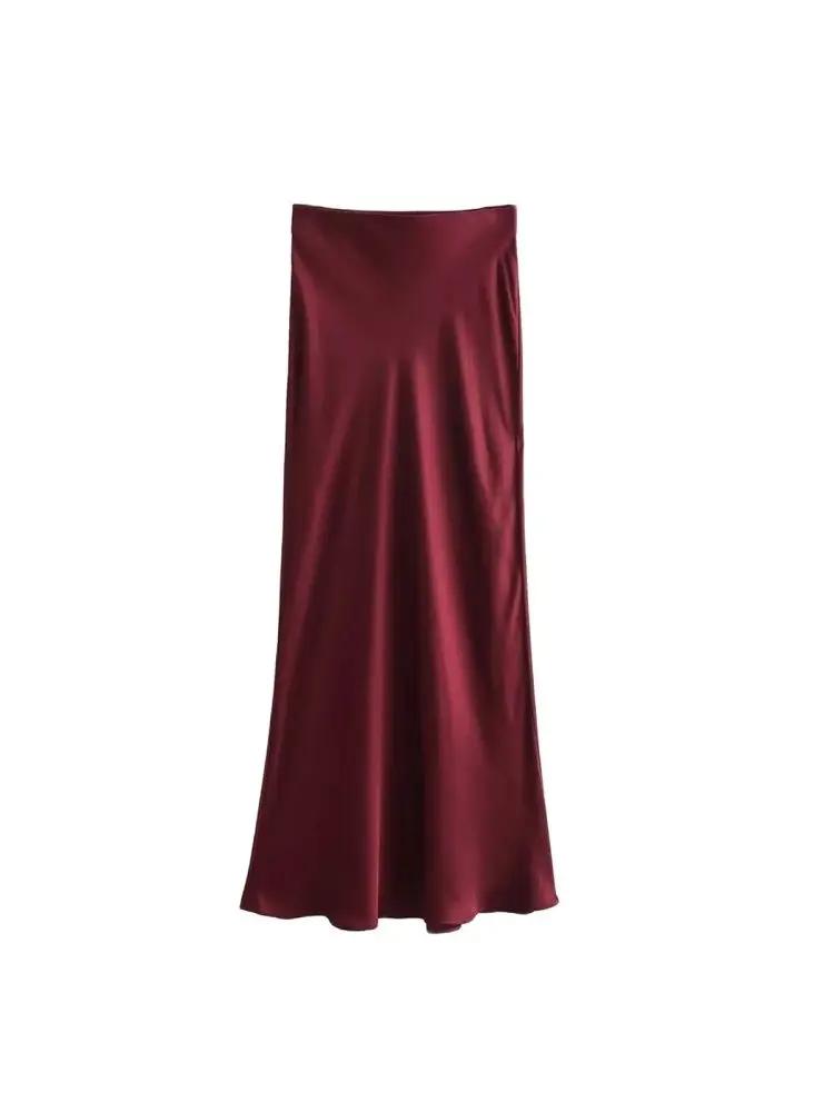 Jupe mi-longue semblable à de soie pour femmes, doux au toucher, taille haute, ceinture élastique, C