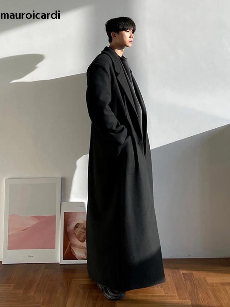 Mauroicardi automne hiver Extra Long chaud noir ample décontracté laine mélanges manteau hommes de l