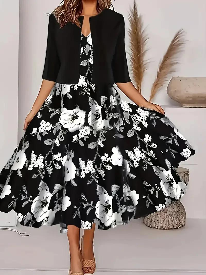 Robe longue pour femmes, ensemble deux pièces imprimé floral, col rond, manteau, Europe et états-uni