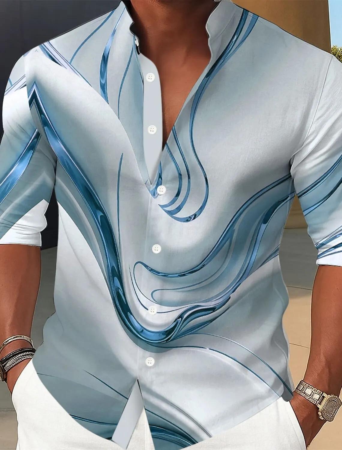 Chemise d'art liquide abstrait en marbre pour hommes, chemise boutonnée à col rabattu, manches longu