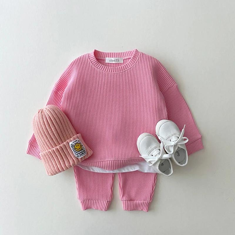 Ensemble de vêtements coréens pour bébés garçons, faux deux pièces en coton gaufré + pantalon, tenue
