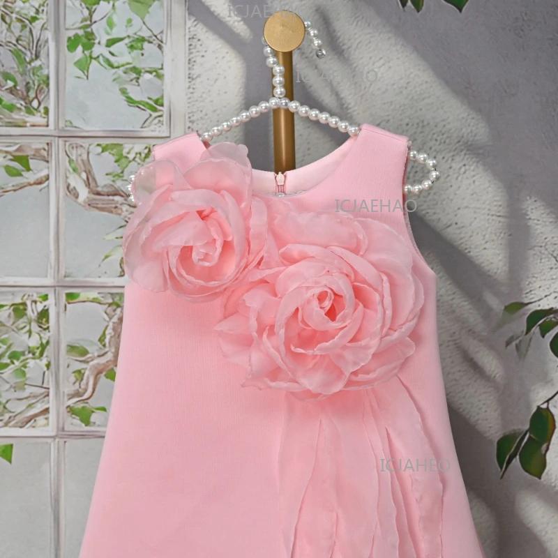 Nouvelle Robe de Princesse Rose Sans Manches pour Filles, Robe de Soirée Élégante avec Fleurs 3D pou