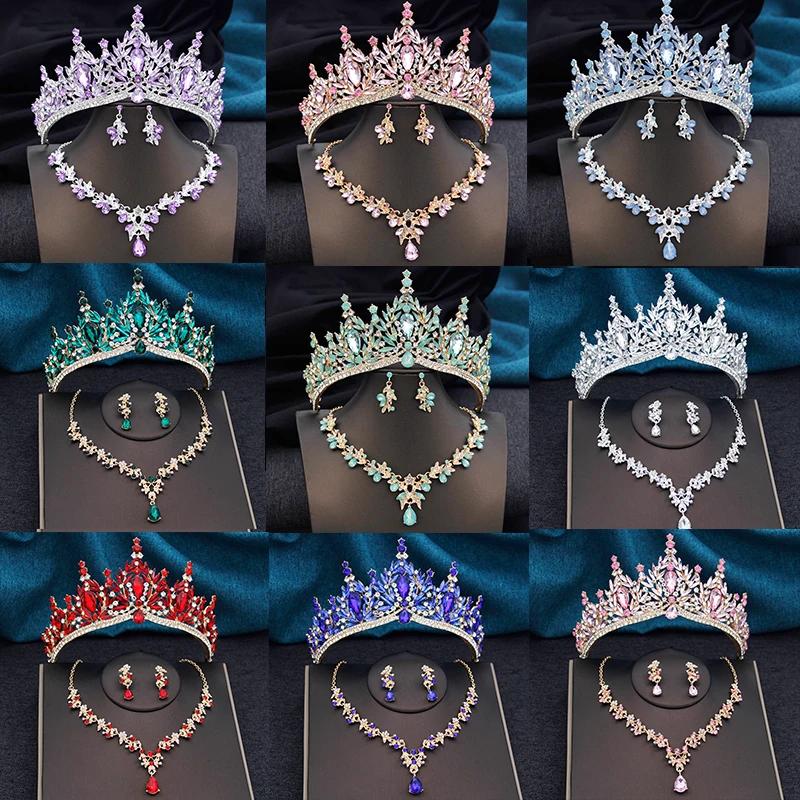 Diadèmes et couronnes avec collier et boucles d'oreilles pour femmes et filles, ensembles de bijoux