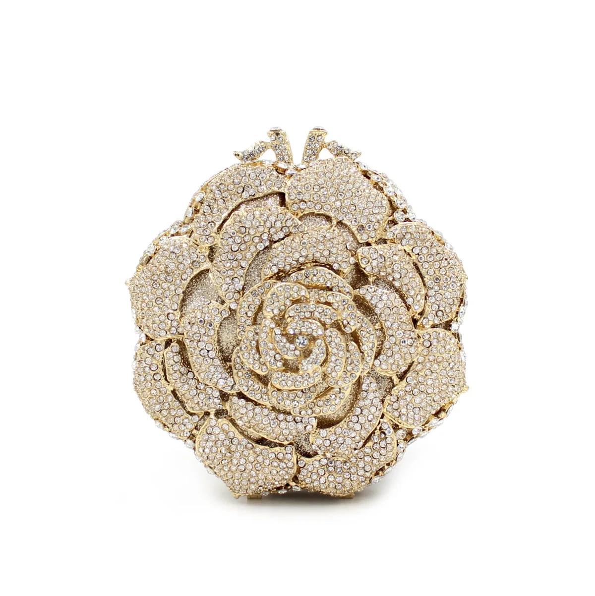 Pochette de luxe en forme de Rose avec strass et diamant, sac à main creux en métal pour Banquet et