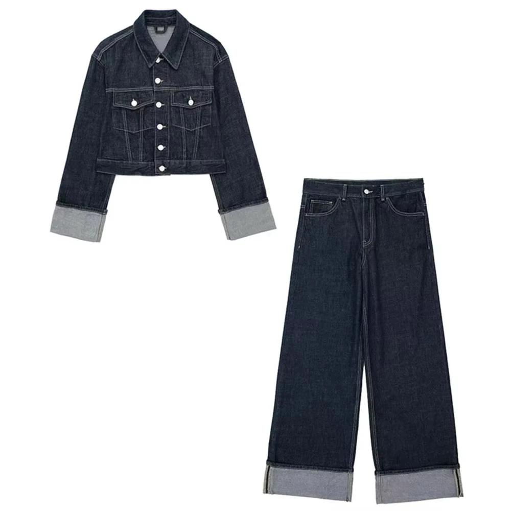 HH femmes mode Denim ensemble décontracté revers à manches longues veste courte boutons femme Vintag