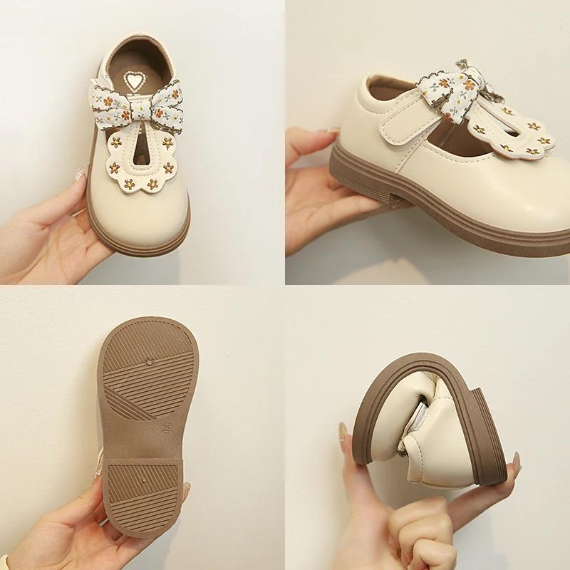 Chaussures en cuir avec nœud mignon pour filles, Oxfords à lanières en T, souples, pour enfants d'éc