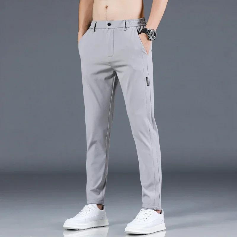 Pantalon fin en soie glacée pour hommes, extensible, décontracté, taille élastique, lisse, vêtements
