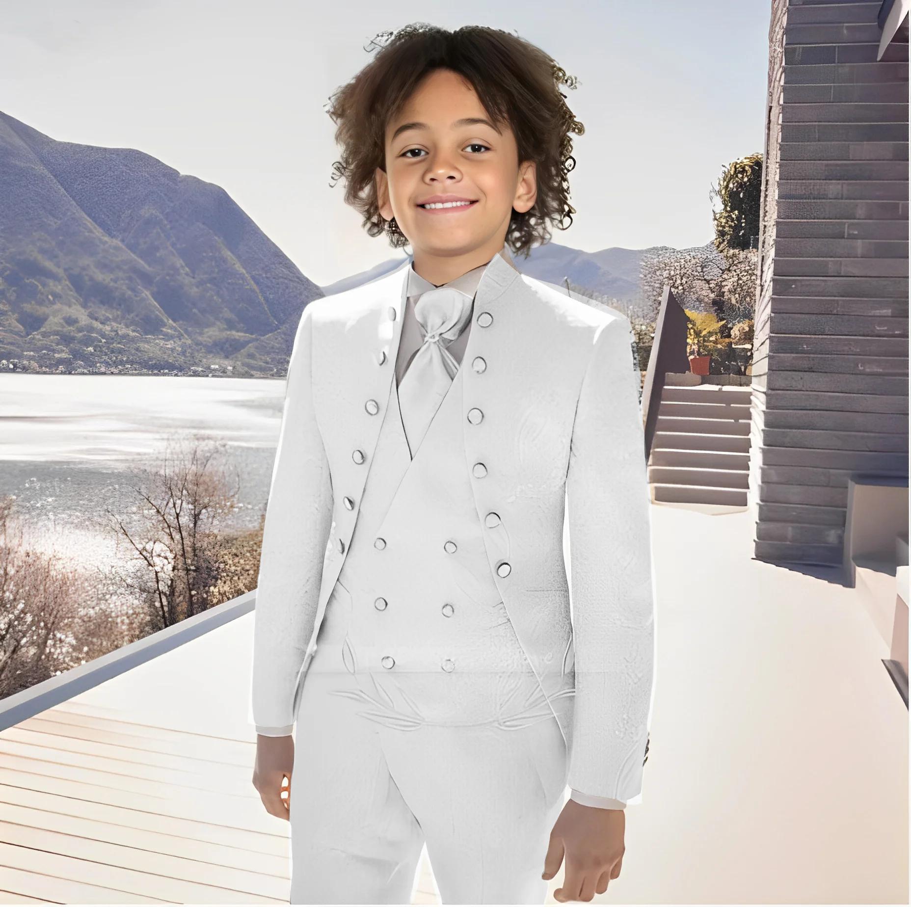 Costume Jacquard blanc pour garçons, 3 pièces, veste, pantalon, gilet, smoking pour enfants de 2 à 1
