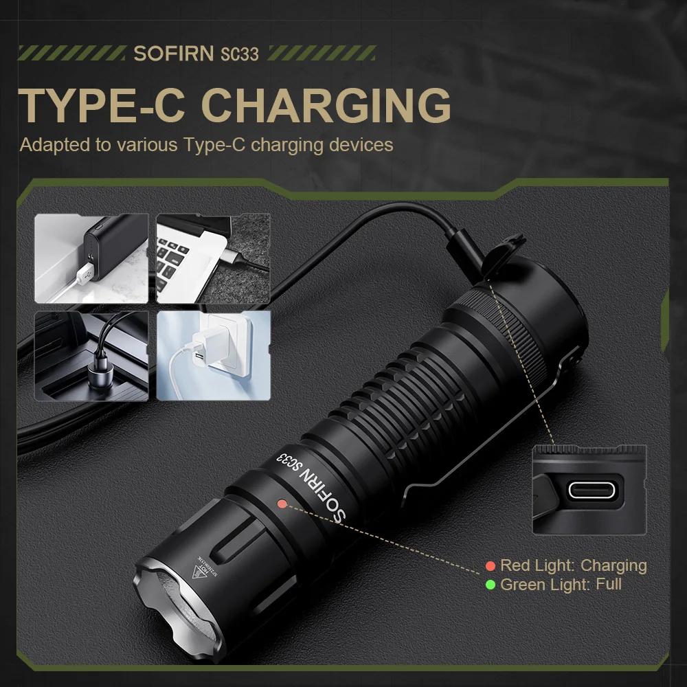 Lampe torche tactique LED SOFIRN SC33 XHP70.3 HI 5200lm puissante, rechargeable par Type C, interrup