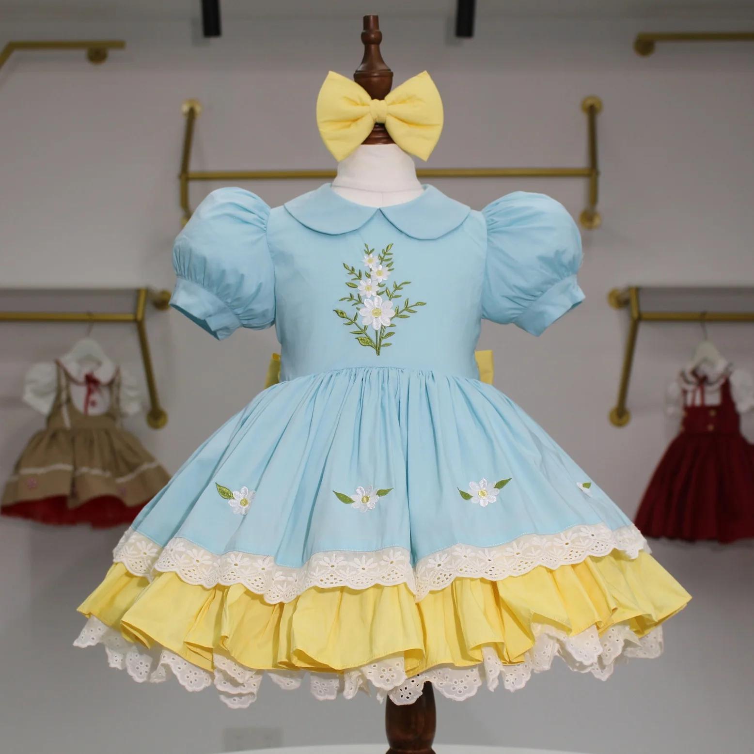 Robe d'été pour bébé fille, broderie marguerite bleue et jaune, robe de princesse turque Vintage pou