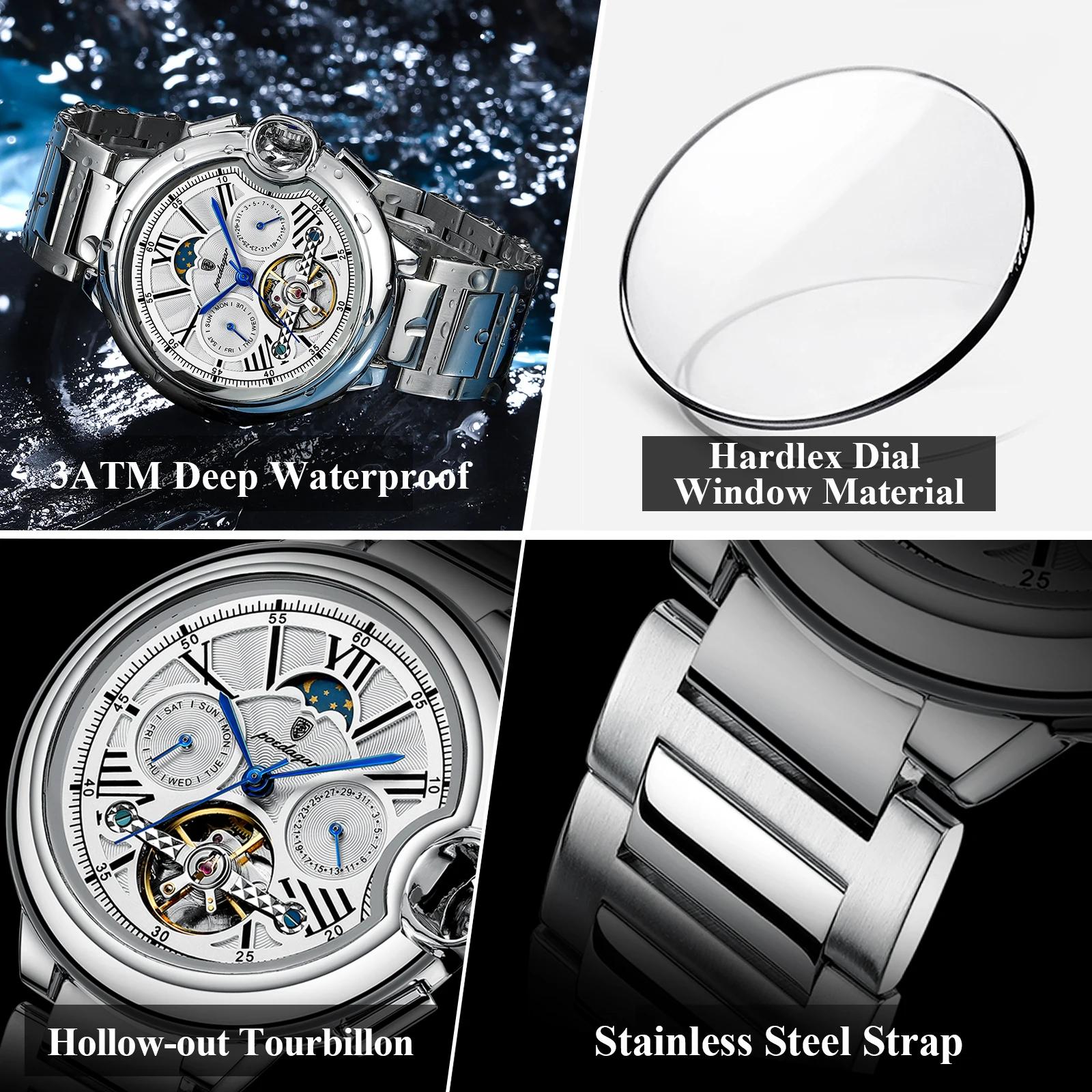 POEDAGAR luxe affaires homme montre Date semaine acier inoxydable Tourbillon hommes horloge étanche