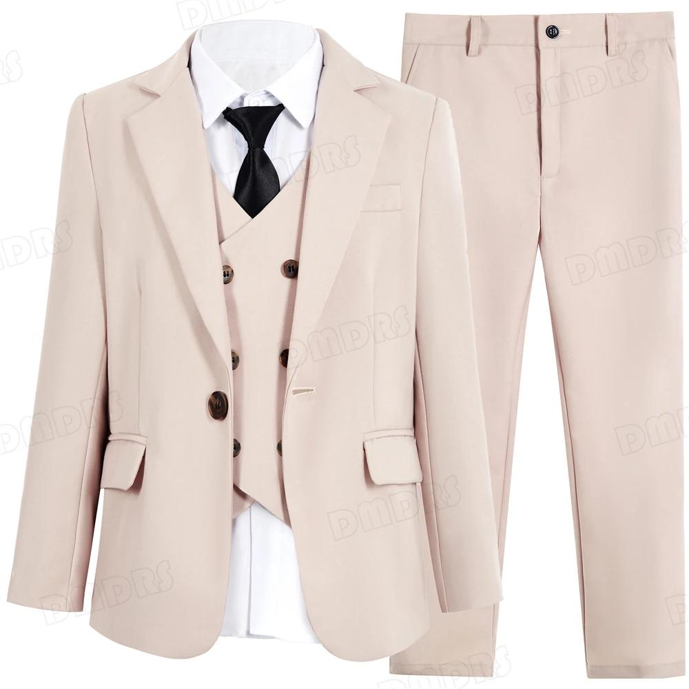 Ensemble de costume 4 pièces solide pour garçon, veste Blazer à bouton unique, gilet, pantalon avec