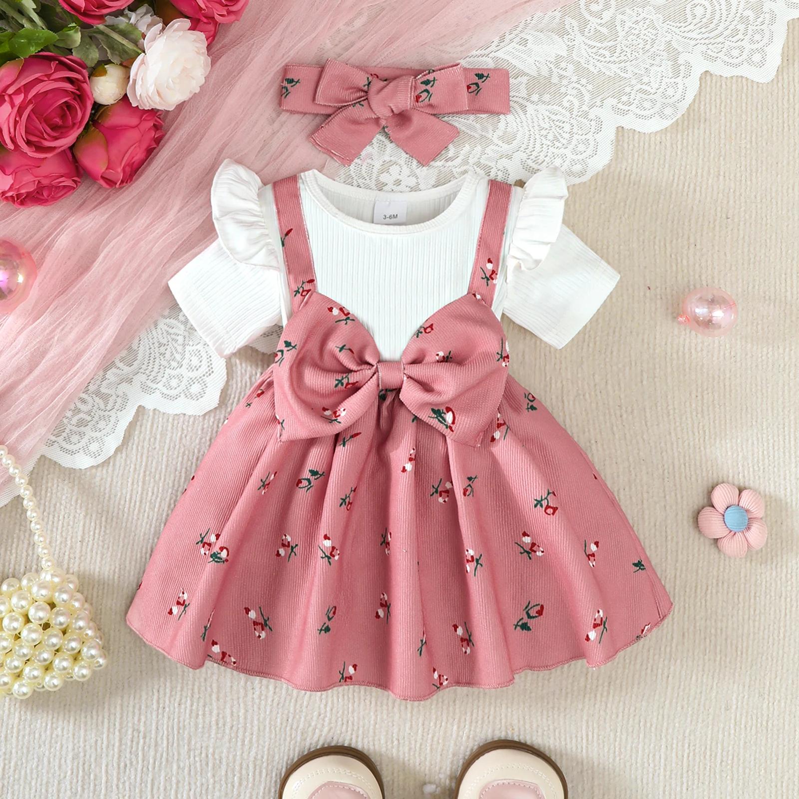 2 pièces/ensemble bébé fille robe petit Floral grand nœud été, robe + bandeau ensemble adapté pour 0