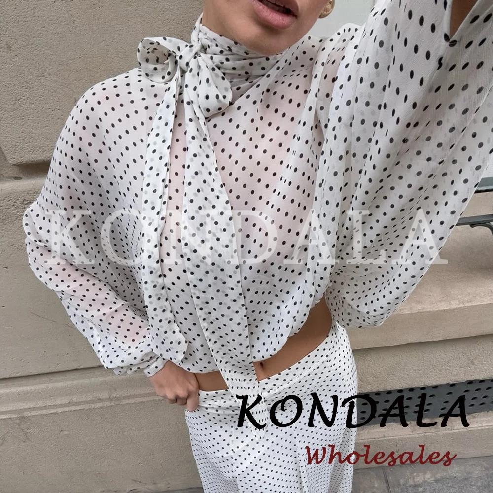 KONDALA Chic Ensemble Décontracté Femme à Pois avec Nœud, Chemise Ample Élégante + Jupe Longue Midi