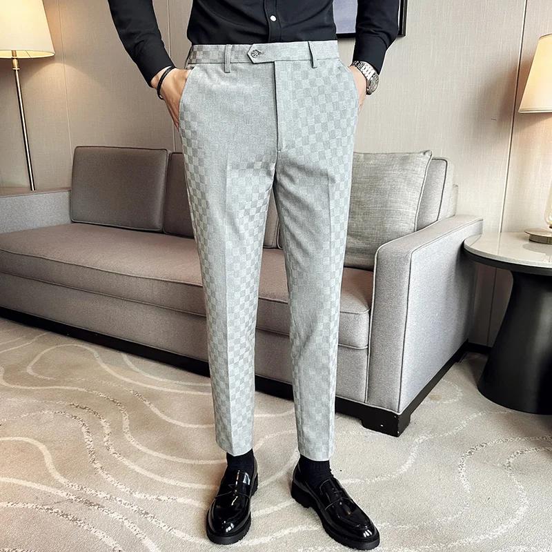 Automne hiver coréen Plaid pantalons décontractés hommes coupe ajustée robe d'affaires costume panta