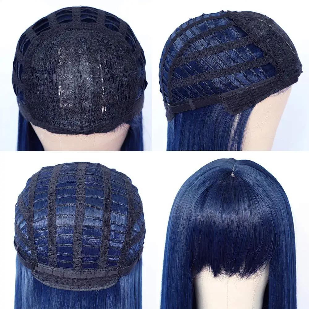 Perruque de cheveux synthétiques de remplacement avec frange, couleur bleue, résistante à la chaleur