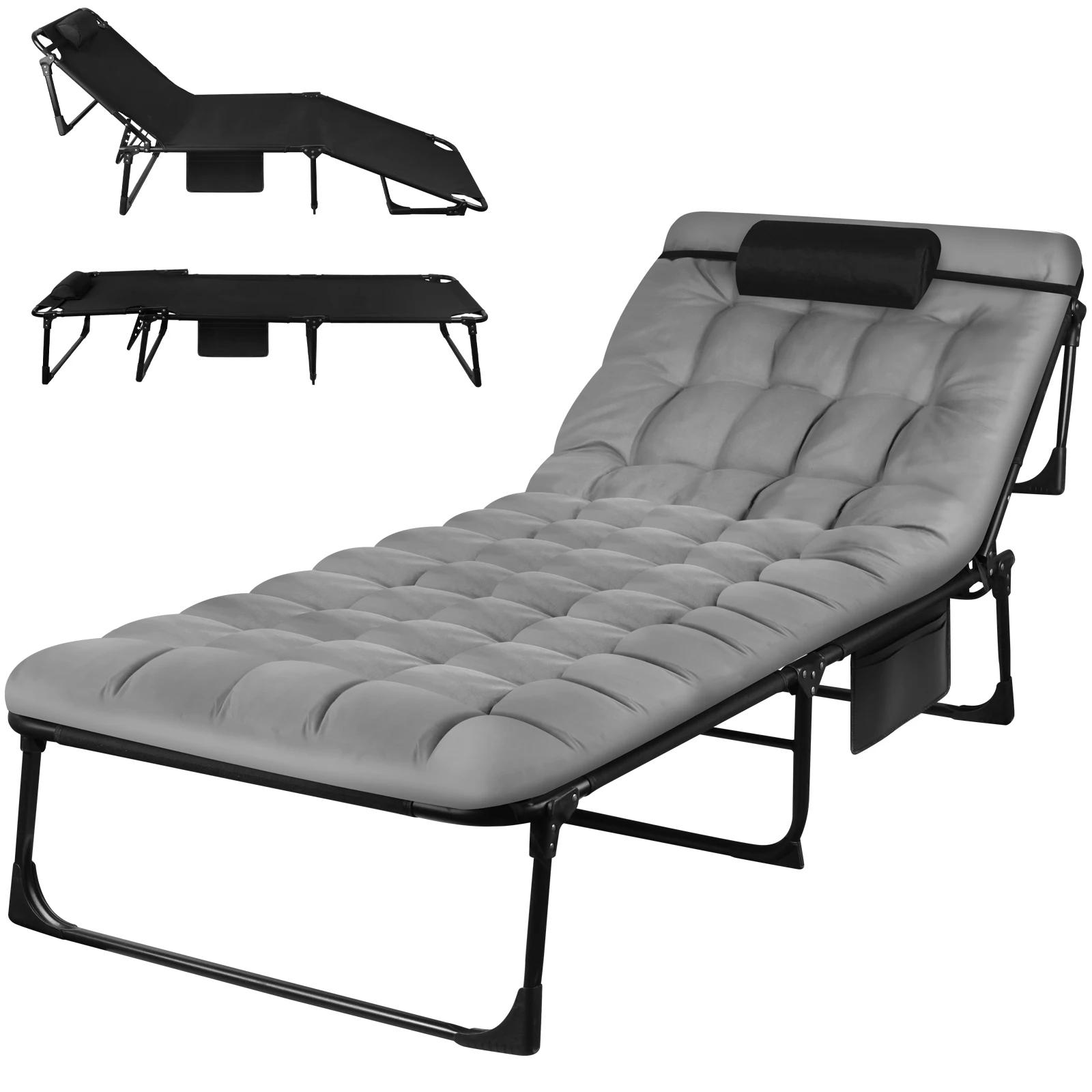 Lit de camping pliant portable – Chaise longue inclinable réglable à 3 positions avec oreiller, lit