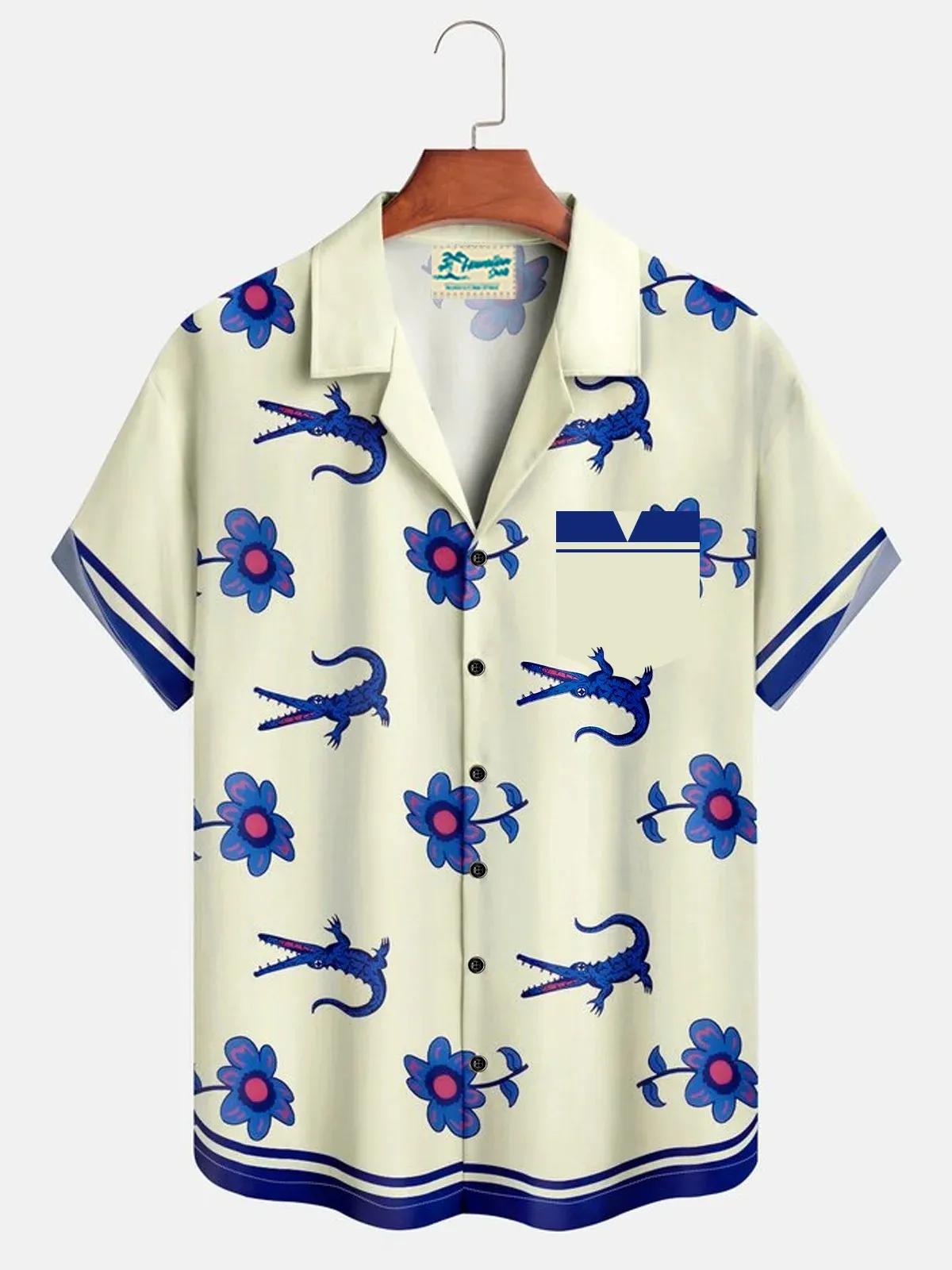 Chemise Crocodile florale pour hommes, chemise hawaïenne d'été à manches courtes, chemise à revers,