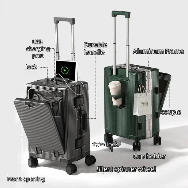 Valise de poche à ouverture avant, cadre en alliage d'aluminium, bagages roulants avec prise de char