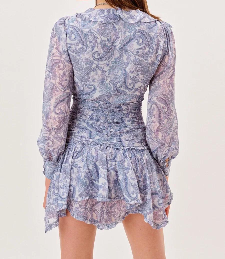 Mini Robe en mousseline de soie à imprimé Floral bleu pour femmes, 2022, oreilles en bois, volants,