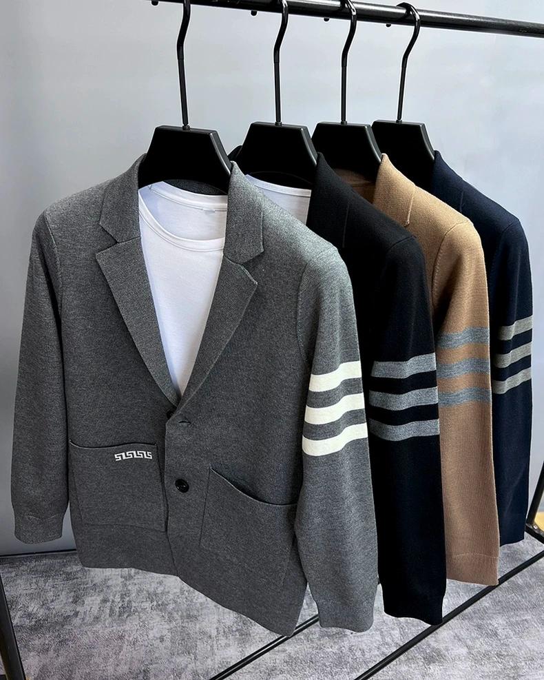 Cardigan tricoté pour hommes, marque haut de gamme, populaire automne hiver, design rayé à la mode,