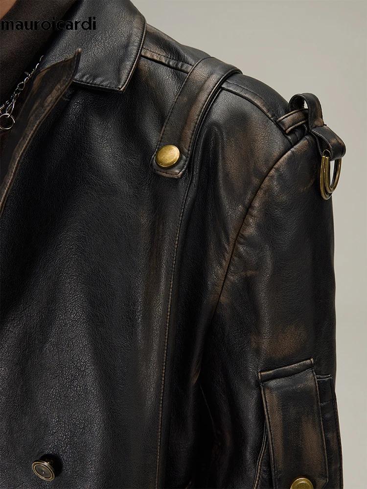 Mauroicardi-Manteau Long en Cuir Pu Noir pour Homme, Ceinture Double Boutonnage, Luxe, Mode Européen