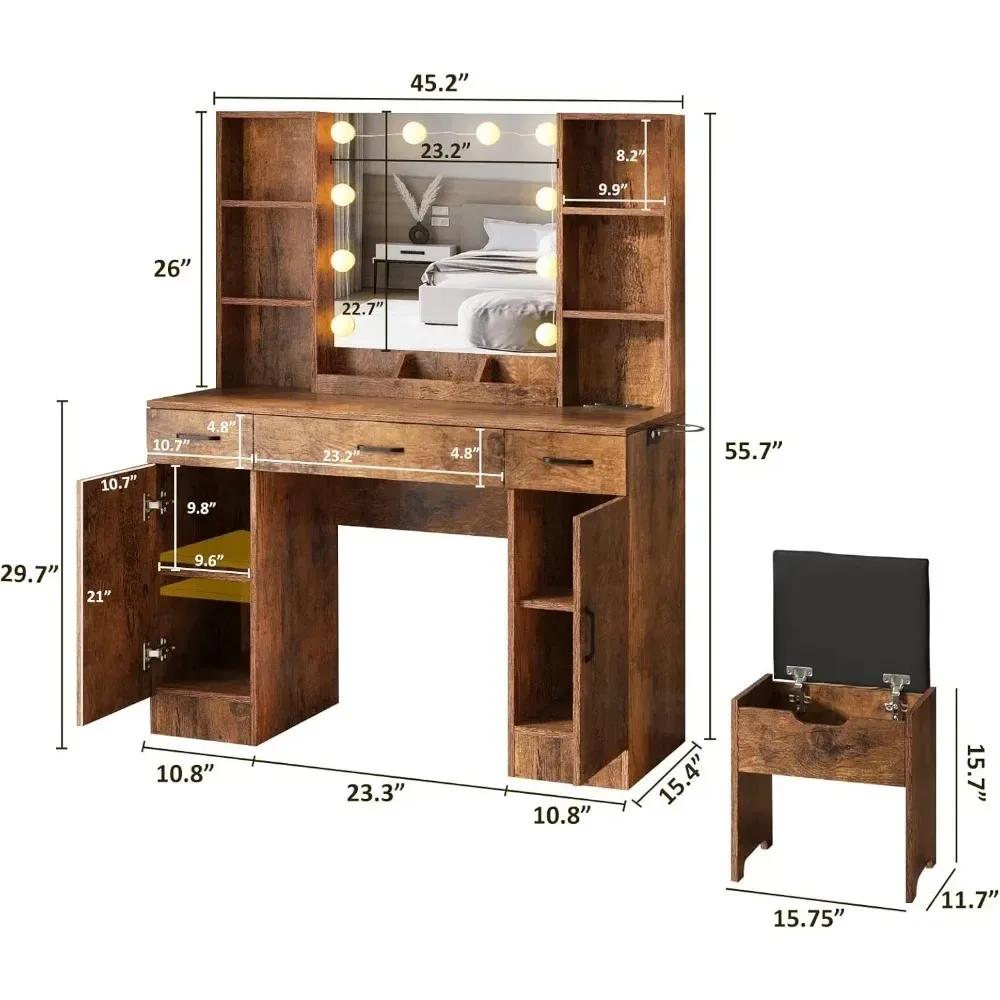 Grande table de maquillage avec miroir éclairé et multiprise – 3 modes d'éclairage réglables, beauco
