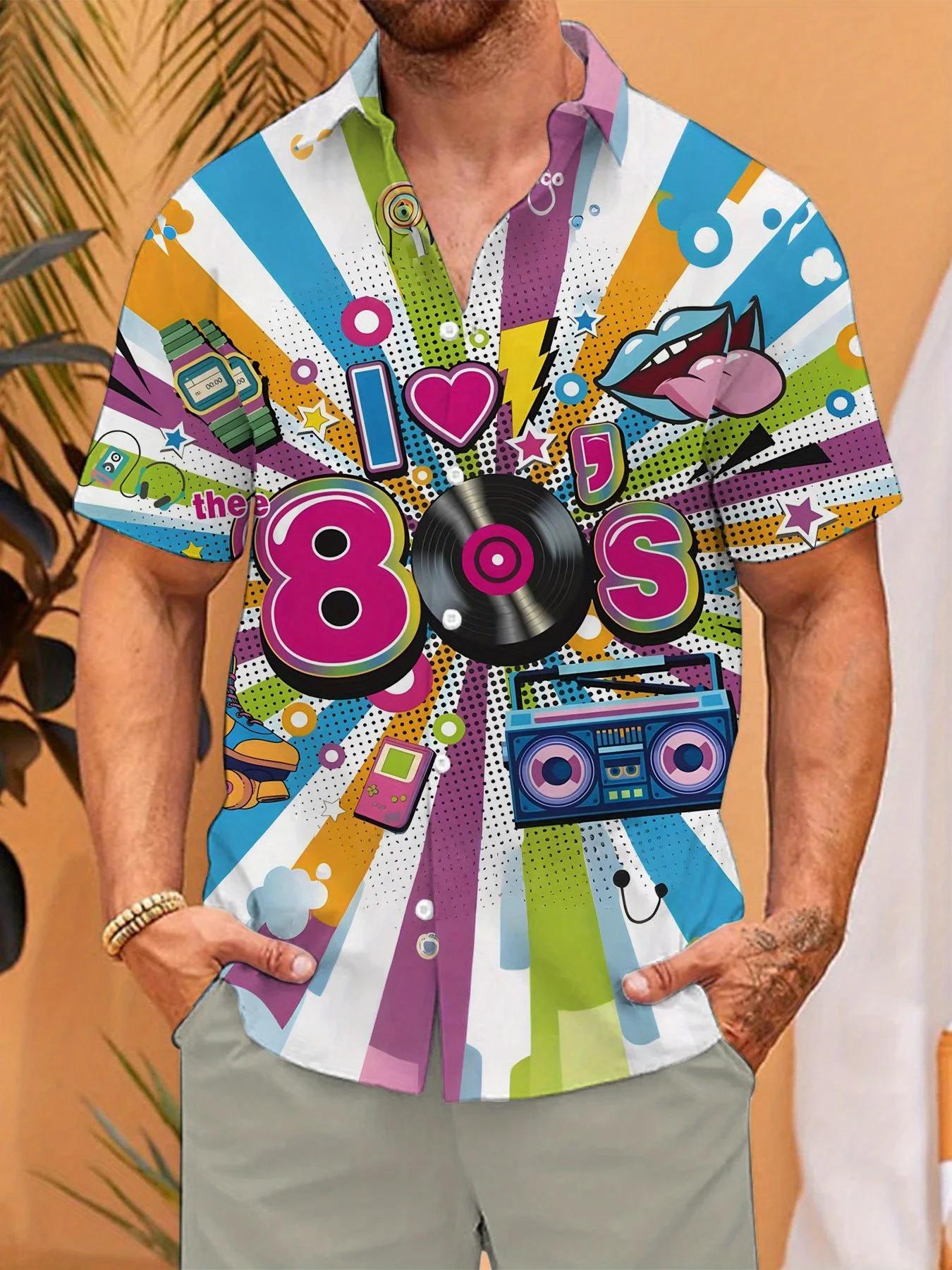 Chemise homme manches courtes 80s rétro imprimé chemise boutonnée chemise de plage d'été chemise de