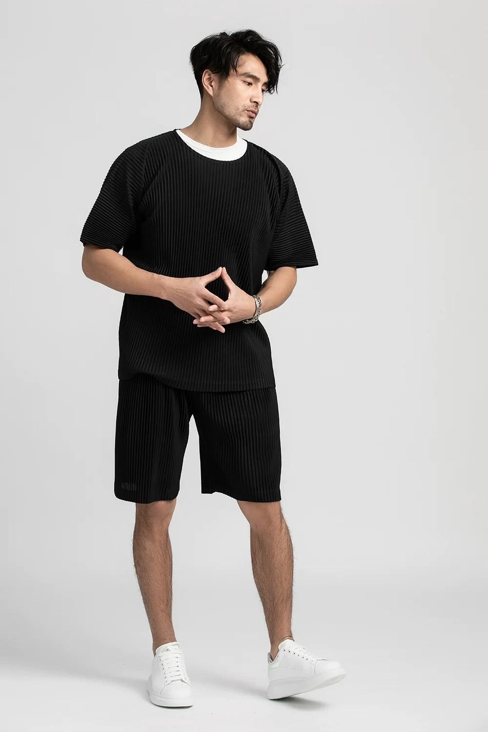 T-shirt à manches courtes et col rond pour homme, haut de sport, fin, respirant, solide, plissé, été