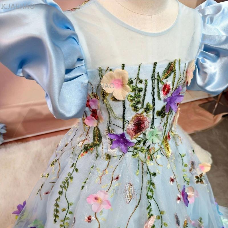 Robe de soirée bleue pour filles, robe de princesse en tulle longue pour l'Aïd, tenue de performance