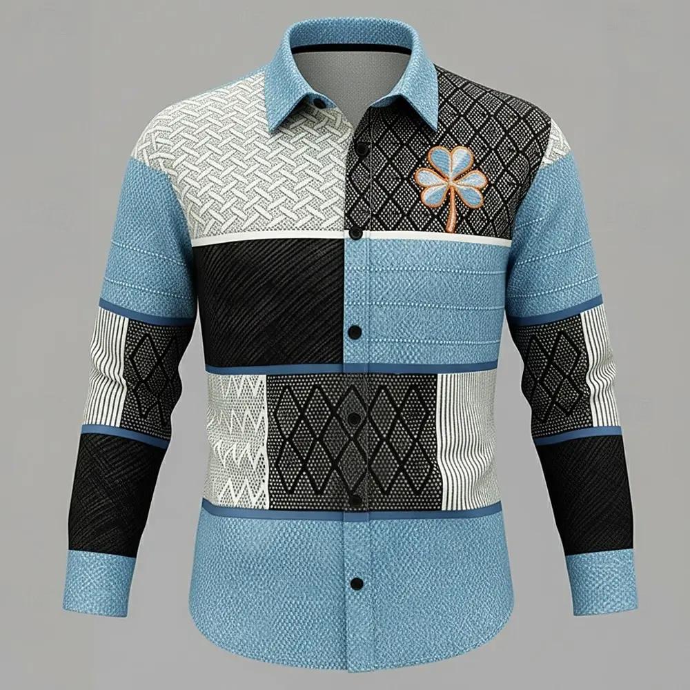 Chemise décontractée à manches longues pour homme, motif bicolore bleu et noir orné d'un logo trèfle