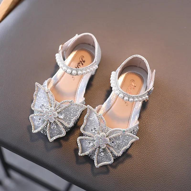 Sandales d'été pour filles, chaussures de princesse à paillettes et nœud en strass, chaussures à tal