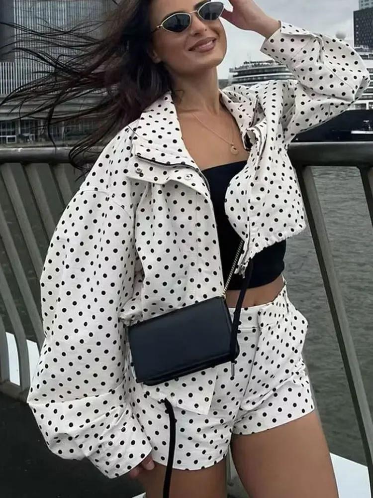 HH – ensemble imprimé à pois pour femme, veste à manches longues, col roulé, cordon de serrage + sho