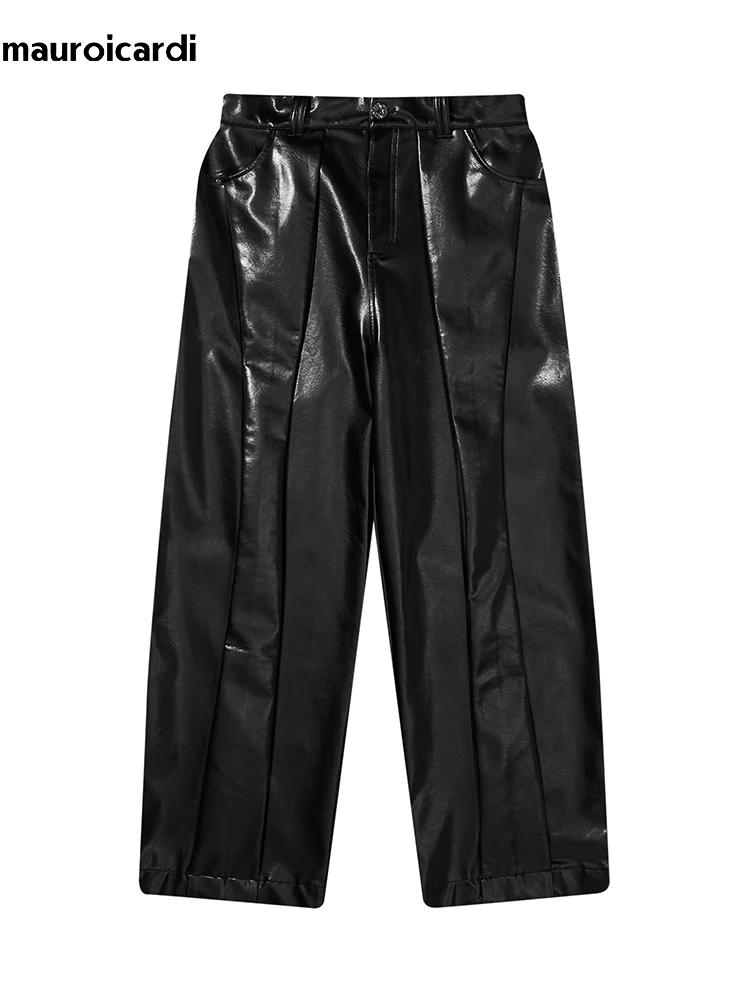 Mauroicardi-Pantalon Long en Cuir PU pour Homme, Baggy Décontracté, Noir Brcorporelle, Moulé, Verni,